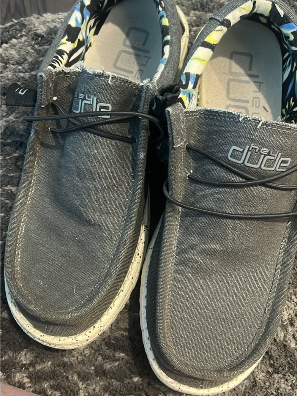Hey Dude Gray Canvas Slip-Ons with Floral Inner Trim